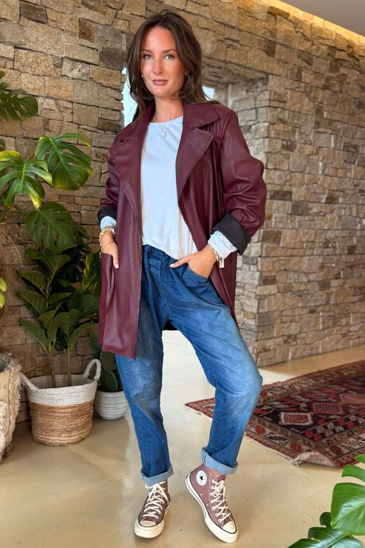 Made in Italy Runa Leather Look Relaxed Blazer Burgundy /10 *Pre order 3 days 